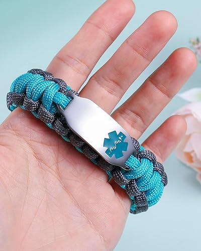 Miniatura 3 de Pulseras de alerta médica para hombres y mujeres, pulsera de emergencia médica de acero inoxidable, hecha a mano, cuerda de paracaídas trenzada,