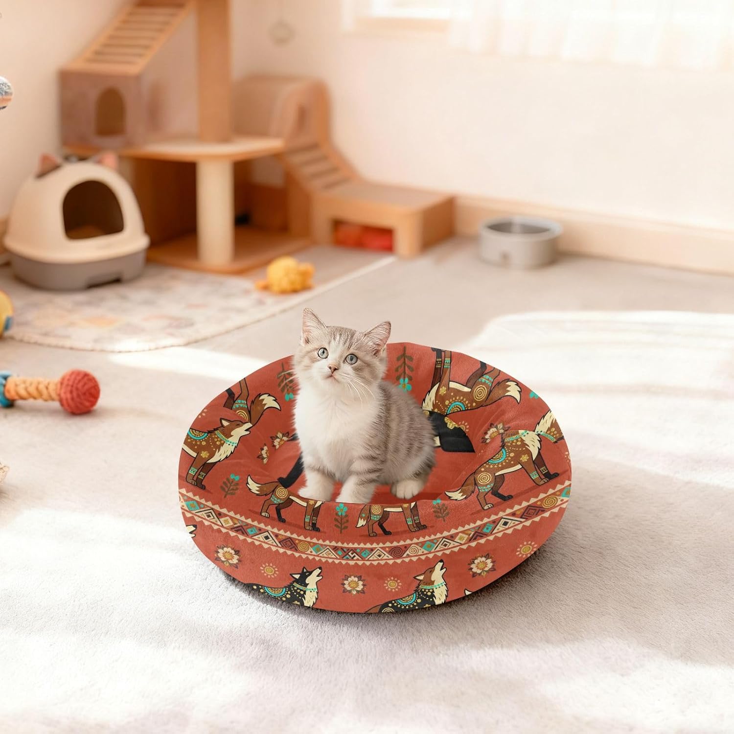 Wudan Pet Cat Beds Donut Cuddler Fluffy Dog Pillow Bed for Small Size Pets Supplies M Ethnic Wolf Art