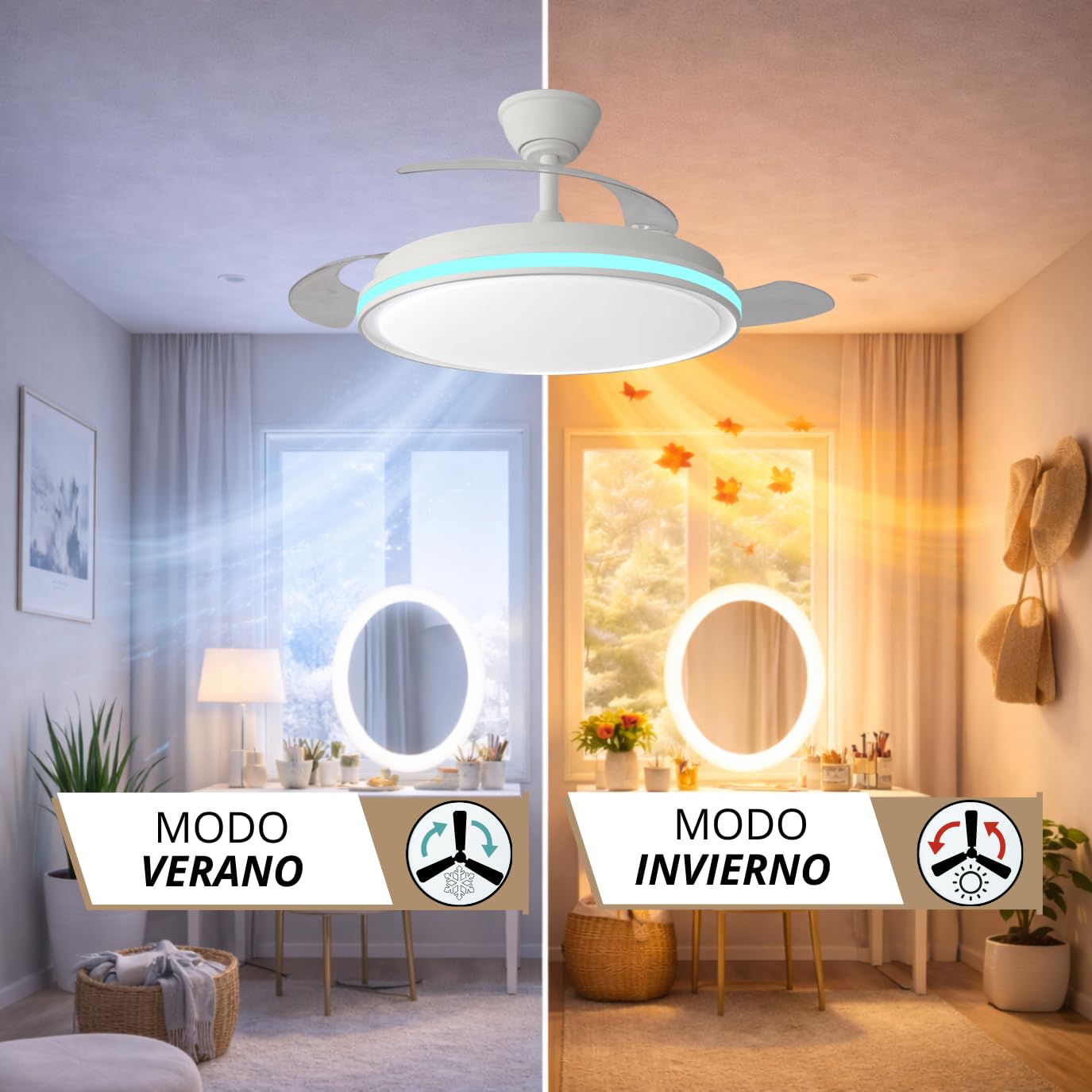 NARVI Ventilador de Techo Blanco con Luz LED Regulable, Motor DC Silencioso de Bajo Consumo, Lámpara Ventilador con Mando a Distancia, 3 Aspas Retráctiles, Función Invierno Verano, SEÚL 8935 WH
