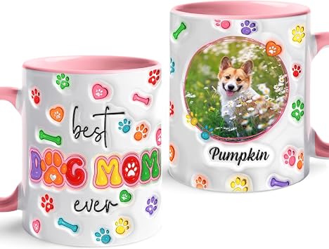 Customized Name & Photo Best Dog Mom Ever Coffee Mug 11 Oz, Personalized Dog Photo Frame Accent Ceramic Mug Gift For Dog Mom Birthday, Unique Picture Dog Pet Coffee Cup, Dog Lover White Teacup Gifts