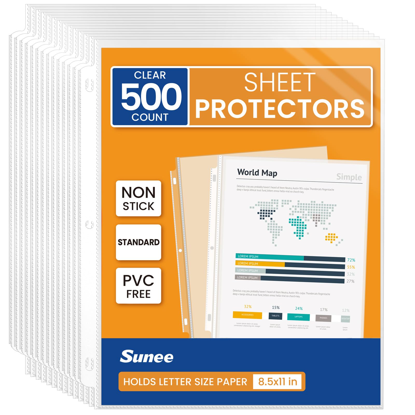 SUNEE Protezioni per fogli 21,9 x 27,9 cm per raccoglitore a 3 anelli, senza PVC, trasparenti, per carta, documenti, foto, buste per raccoglitori con apertura dall'alto, formato lettera, 500