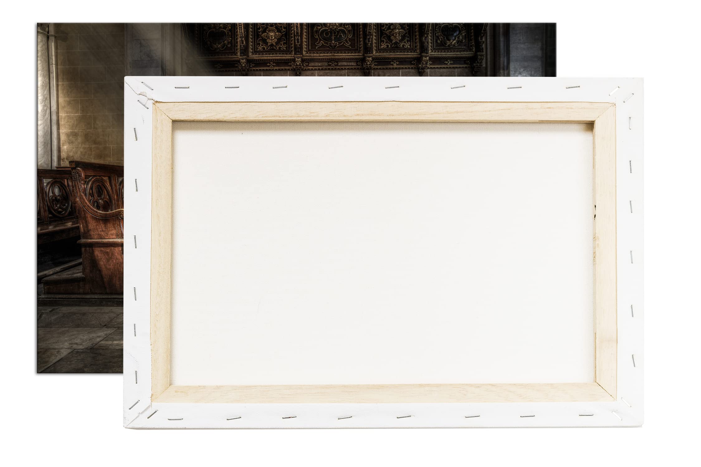 deyoli Jasno oświetlona ławka kościelna, format: 75 x 50 cm jako obraz na płótnie, motyw oprawiony na ramie z prawdziwego drewna, wysokiej jakości druk cyfrowy z ramą