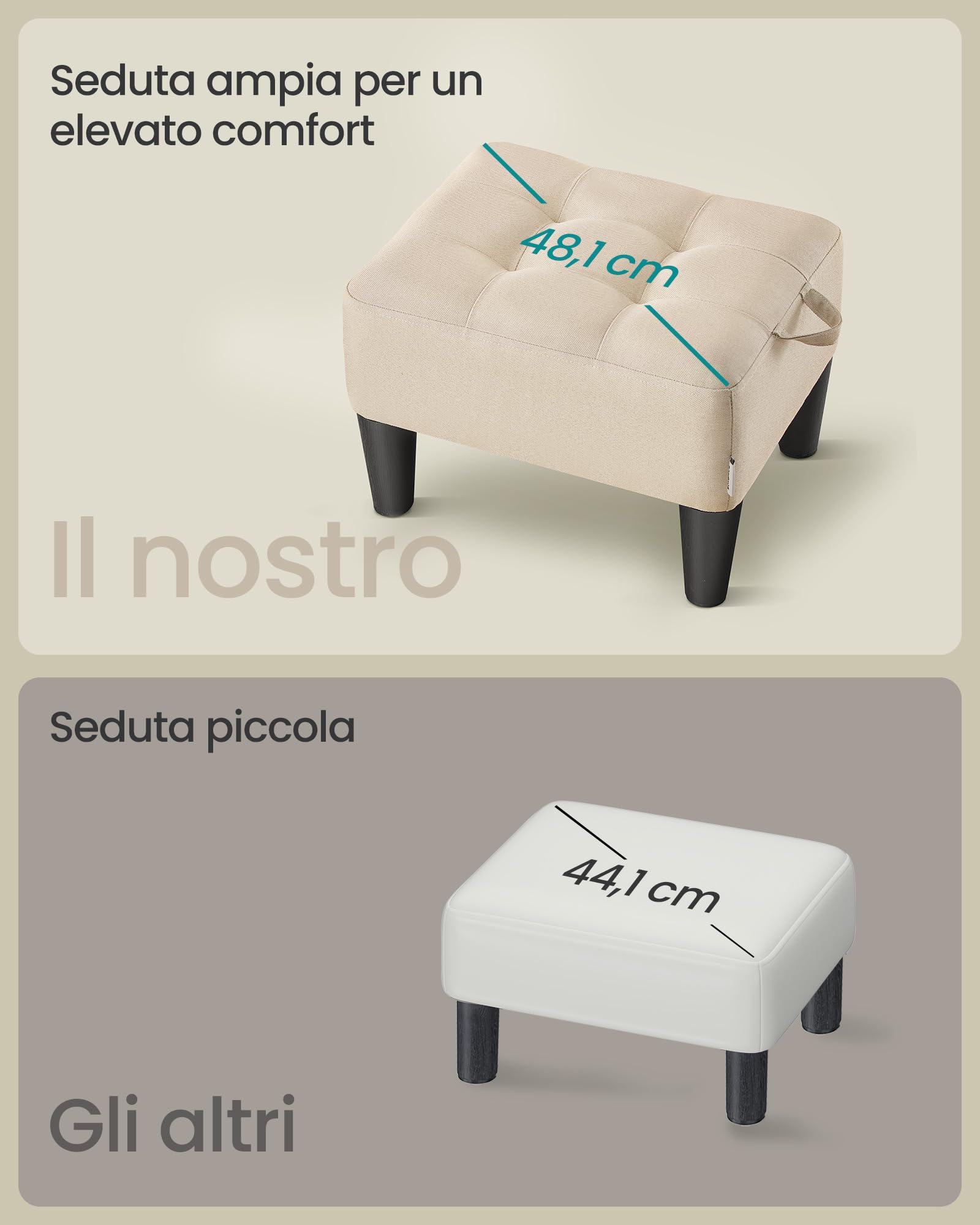 SONGMICS Sgabello Poggiapiedi, Pouf Contenitore in Tessuto Simil Lino, Imbottitura Spessa, Portata fino a 150 kg, per Soggiorno, Camera da Letto, Ingresso, Beige Sabbia e Nero Inchiostro LOM502LF01