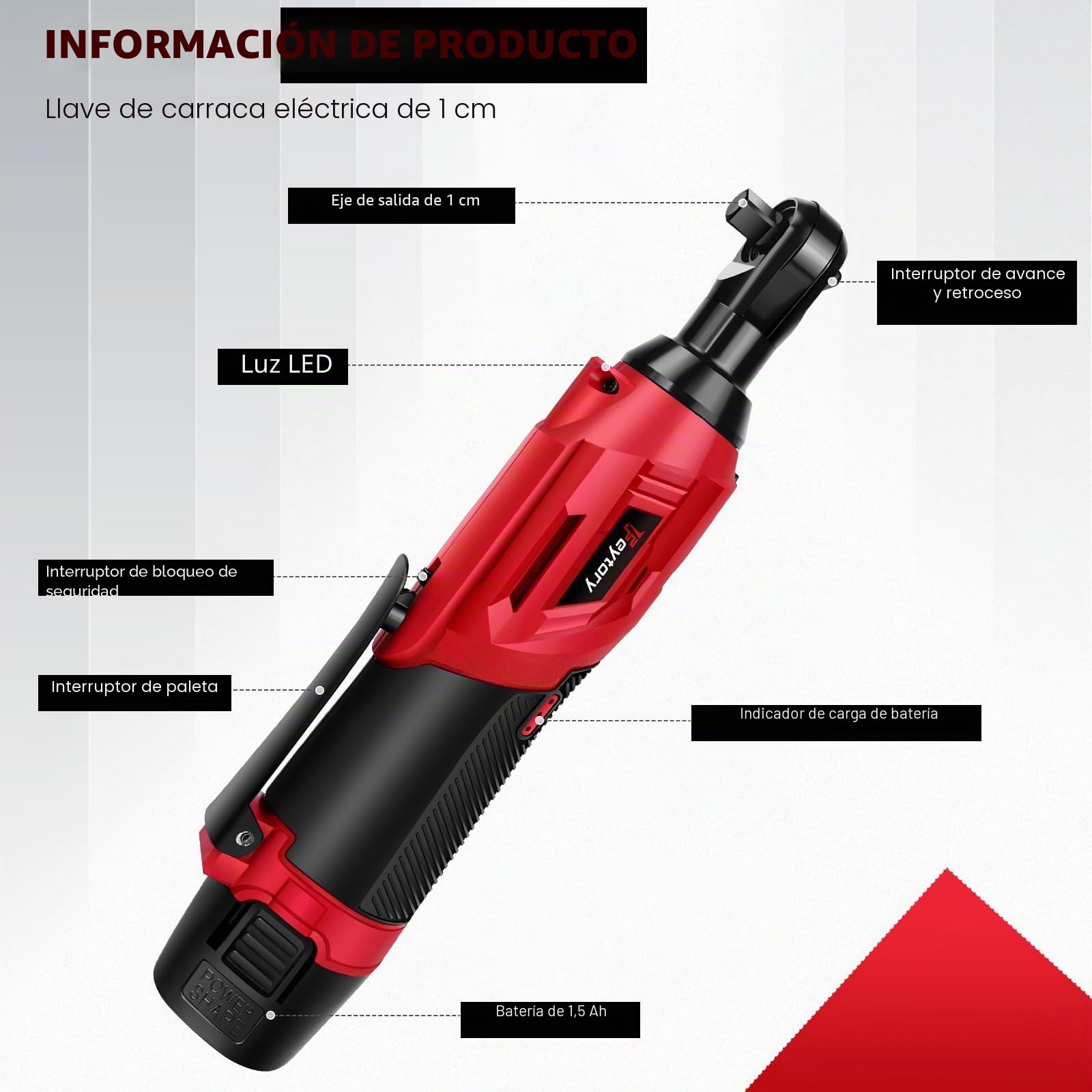DayPlus Llave de trinquete con batería de 12V, 40 Nm Juego de llave de trinquete eléctrico, 2300 RPM con 2 baterías de iones de litio de 1.5Ah y carga rápida, 7 enchufes, velocidad variable, rojo