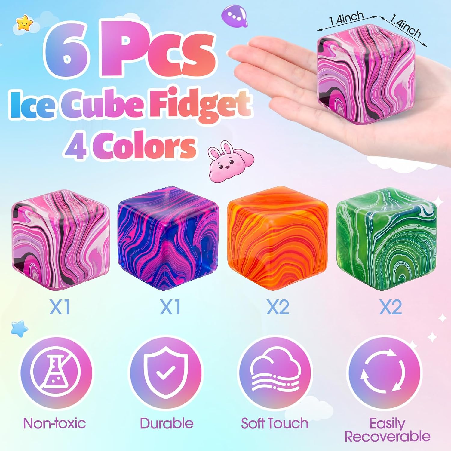 6 Pcs Stress Cube Bulk Swirl Ice Cube Stress Ball for Adults Anxiety Relief Soft Squeeze Sensory Square Ball for ADHD Prizes Goodie Bag Stuffers Party Favors (Pink,Purple,Green,Orange)