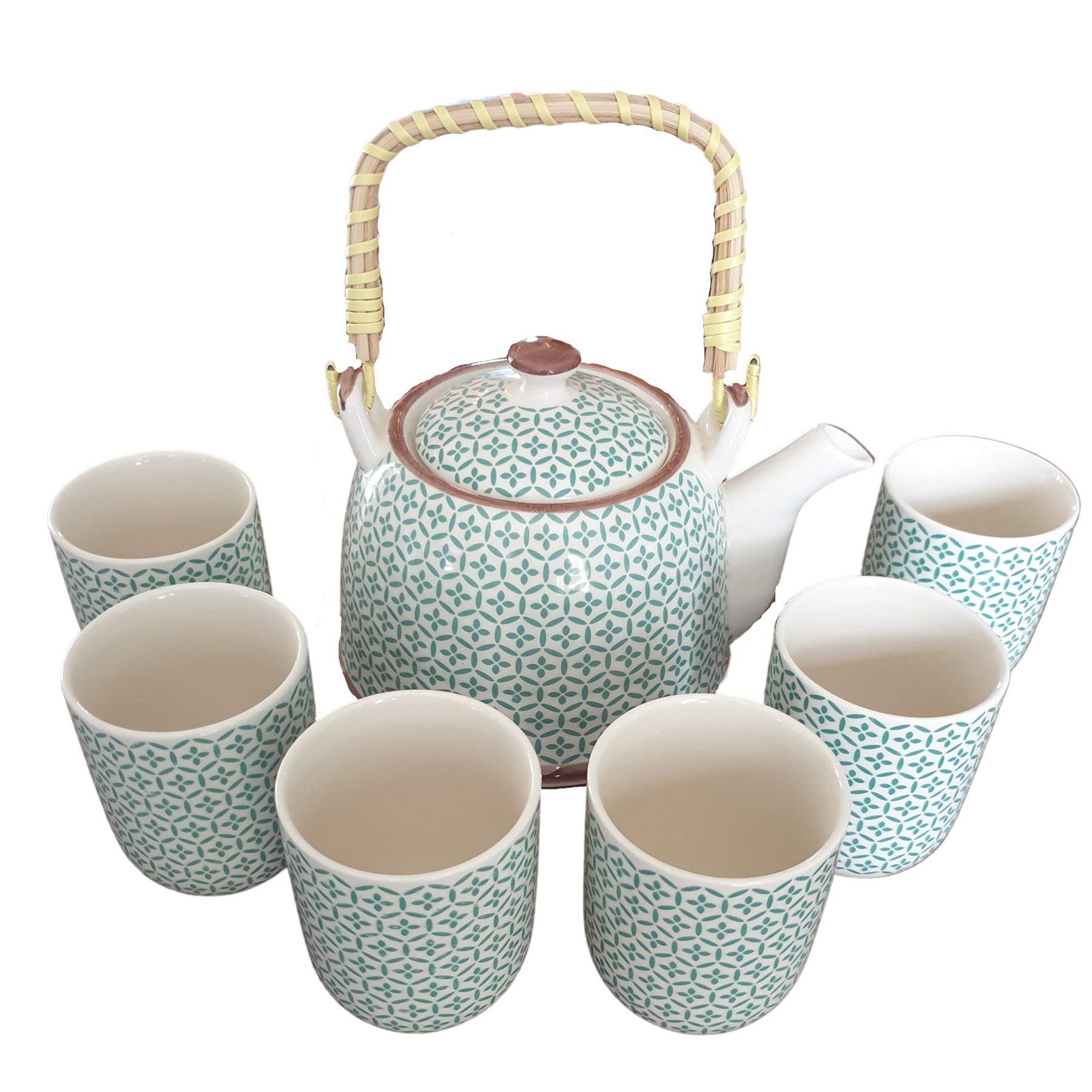 Chinese Herbal Tea Set - Green Mosaic Pattern - 6 Cups and Infuser - Boxed