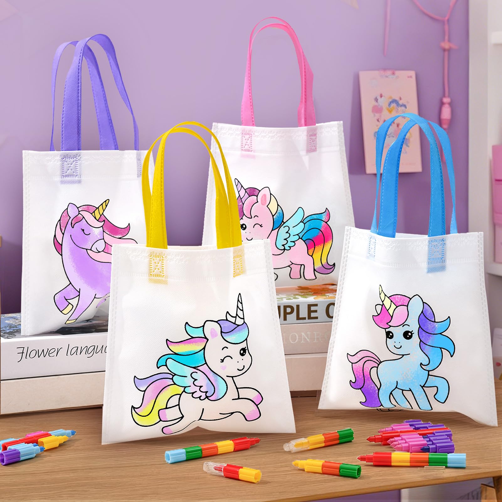 Toyssa 12pcs Sacs Licorne Dino Animaux à Peindre pour Enfants avec Crayons Empilables Set Créatif DIY Cadeaux d'Anniversaire