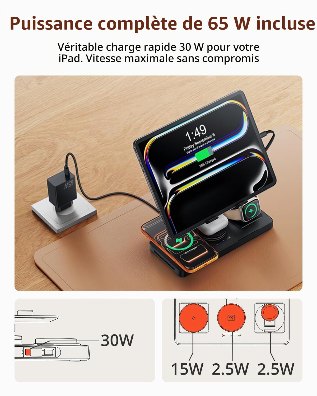GEEKERA Station de Charge 4-en-1 pour Apple, Câble Escamotable pour iPad, Chargeur Magnétique sans Fil pour iPhone 12-17/Air/Pro, Station d’Accueil pour Apple Watch & AirPods, Noir