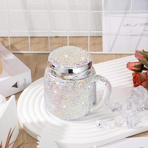 Miniatura 10 de Meanplan Taza de café con diamantes de imitación, botella de agua de cerámica con diamantes de imitación, taza de café de cristal portátil con tapa