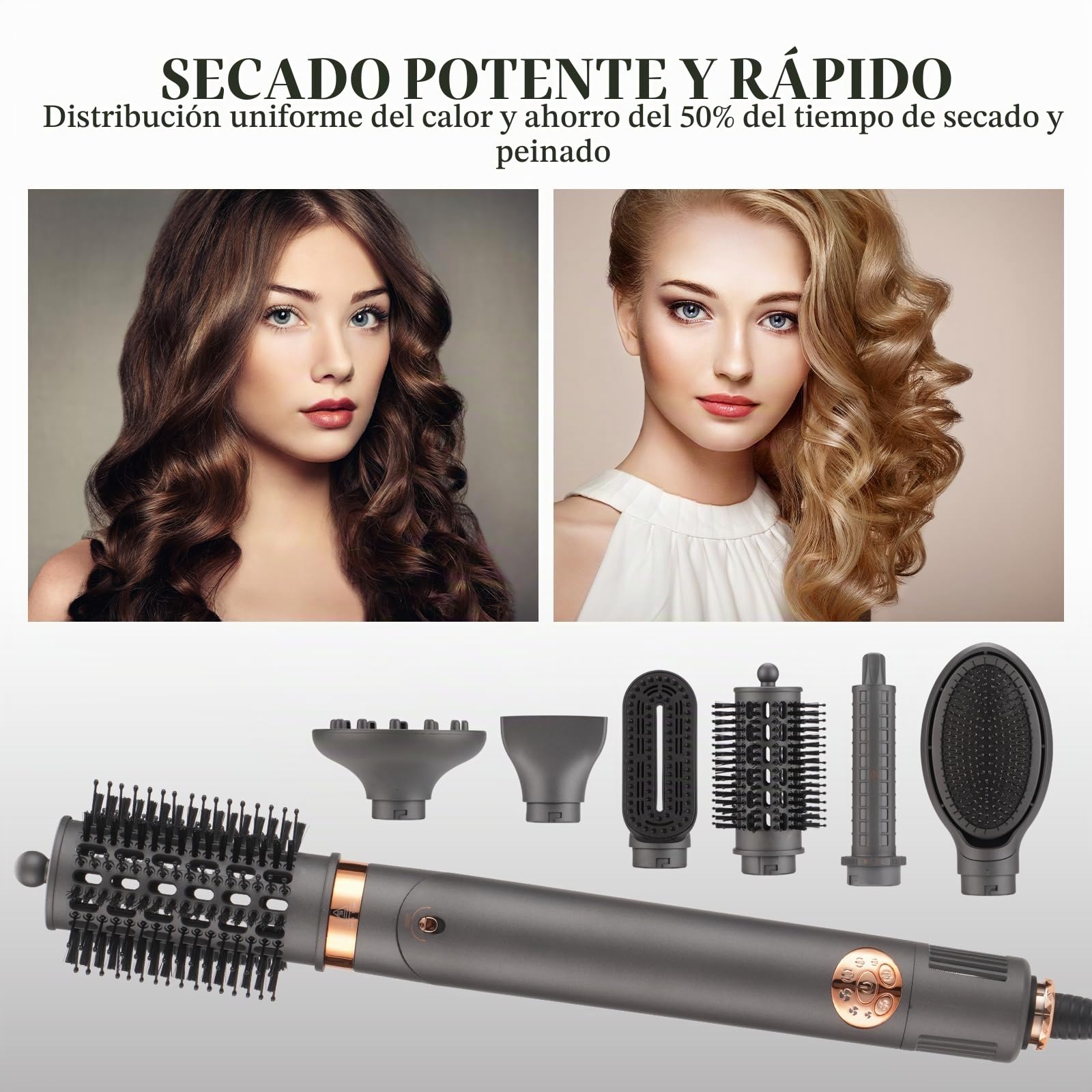 BESTBOMG Air Styler 6 en 1 Cepillo Secador De Pelo, Hairstyler 110000 RPM Cepillos de Aire Caliente, Moldeador Alisador, Cepillo Alisador Pelo, Rizadores Automáticos, Cepillo Redondo