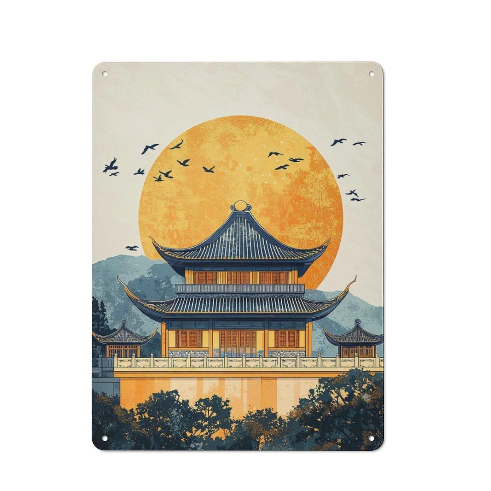 Chinese Temple Sunset Vintage Metal Sign 40x30cm, Nostalgic Pub Wall Decor for Pub, Home Bar, Shed Or Man Cave