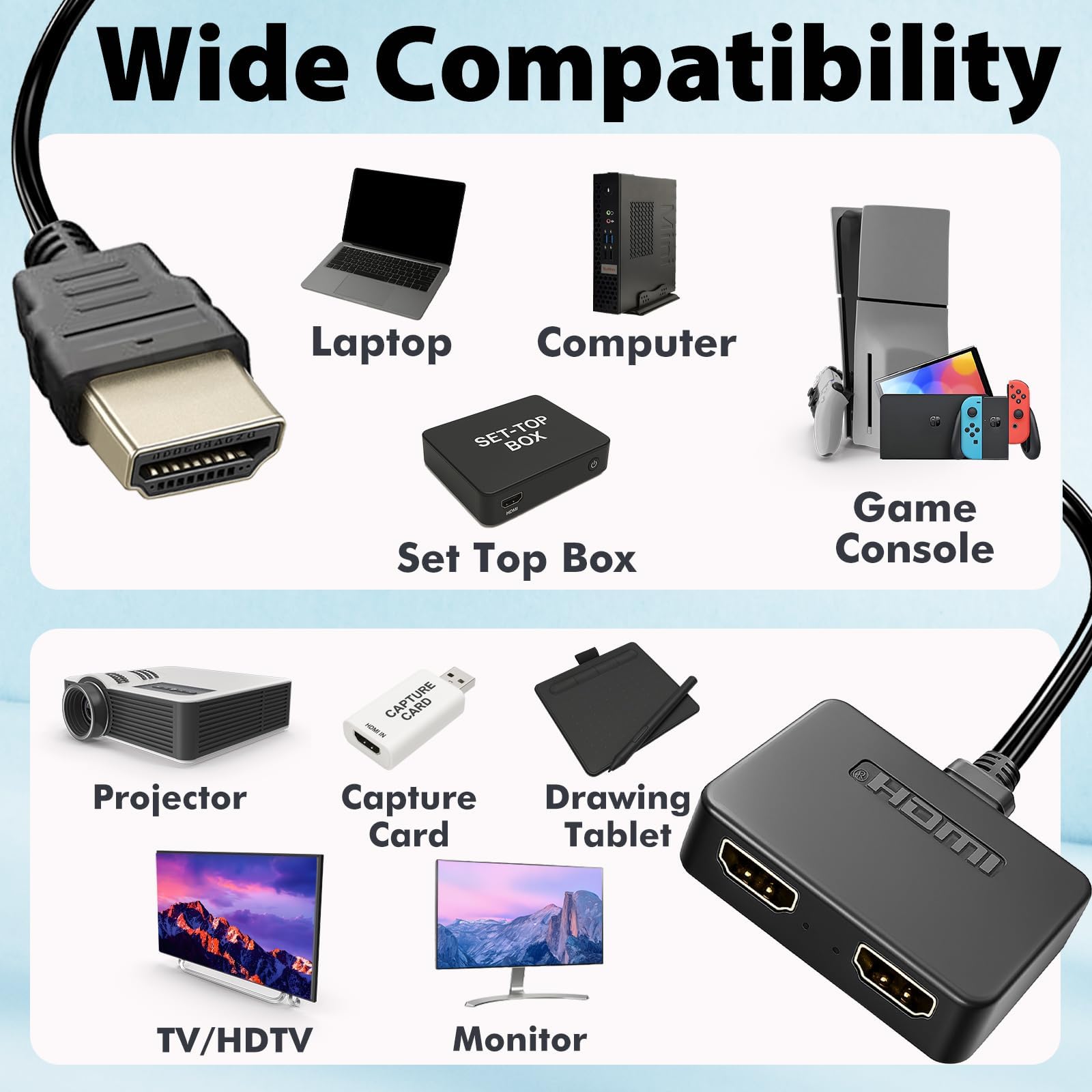 Cyberguys! Splitter HDMI 1 in 2 Out, 4K HDMI Hub 2.0 duplicatore video con cavo di alimentazione USB da 0,8 m e adattatore, supporta 4K @30Hz UHD per TV, monitor, proiettore, PS4, Xbox, Blu-Ray - Solo