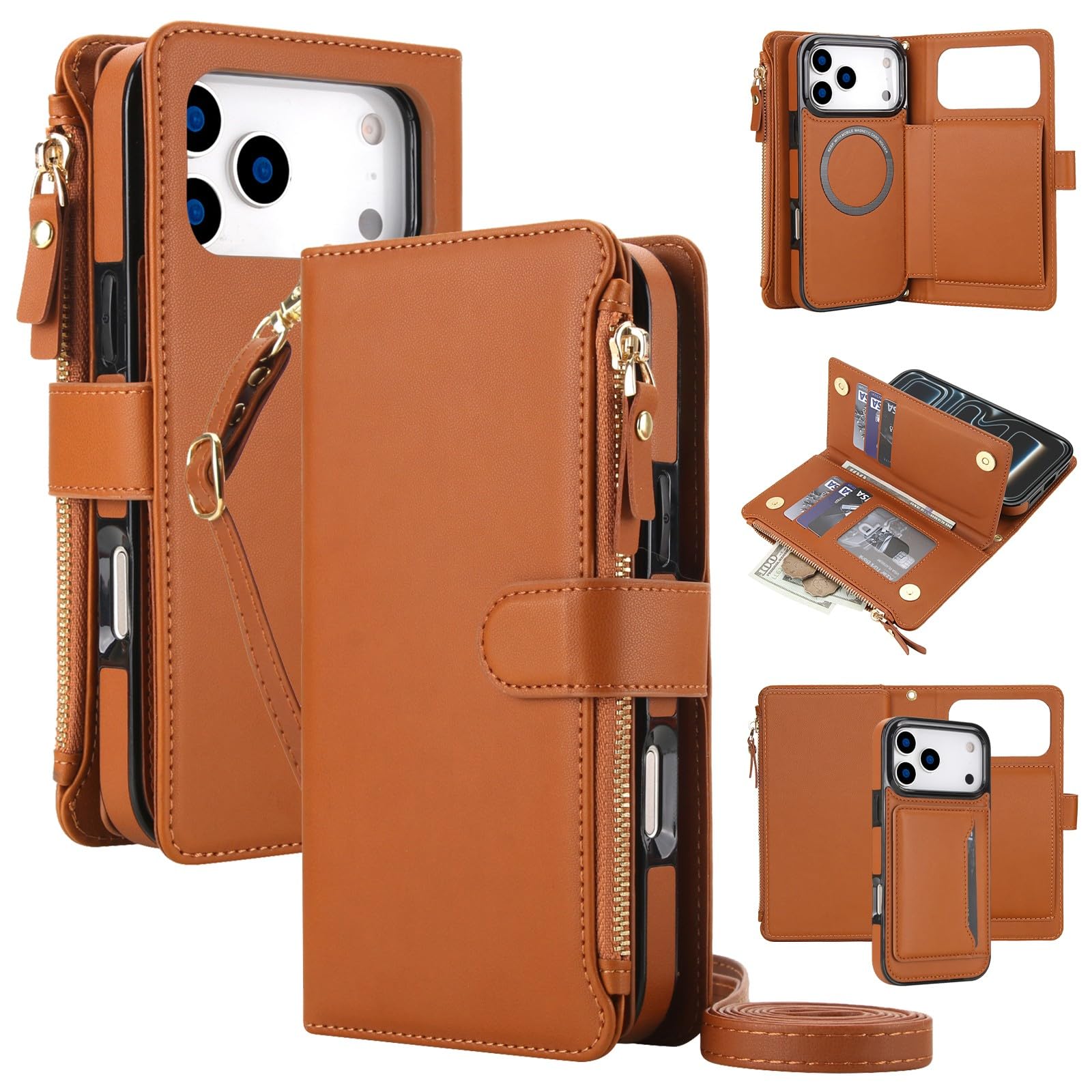 Generic Funda compatible con iPhone 17 Pro (color: marrón) funda de piel extraíble con correa para el hombro