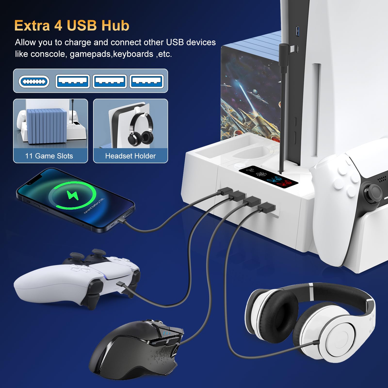 Stacja chłodząca PS5/Slim do PS5 Disc & Digital, stojak chłodzący PS5 z podwójnym kontrolerem ładowanie do konsoli PlayStation 5, wielofunkcyjna ładowarka do PlayStation 5, akcesoria, kontroler