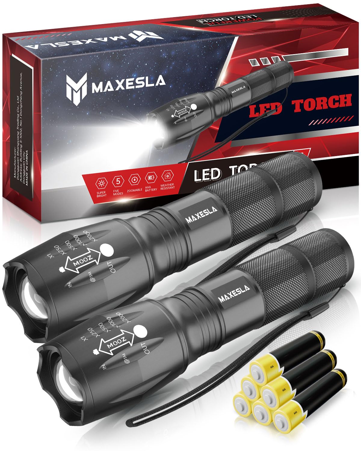 Maxesla 2 Pack LED Torch Gifts for Men Dad Kids, Zoomable Torches Led Super Bright Flashlight, Powerful Torches Battery Powered Water Resistant 5 Modes Mini Tactical Torch for Camping