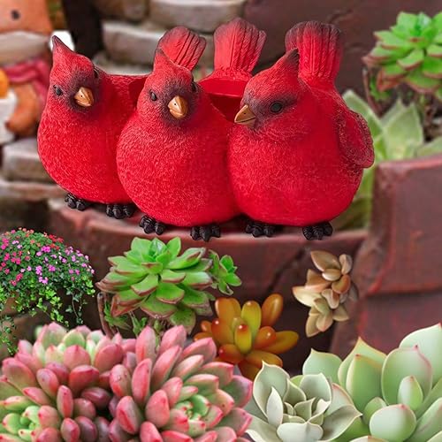 Miniatura 3 de Maceta de trío cardenal de resina, maceta de trillizos de pájaros rojos, resina creativa de tres pájaros pequeños, estatua de adorno de interior