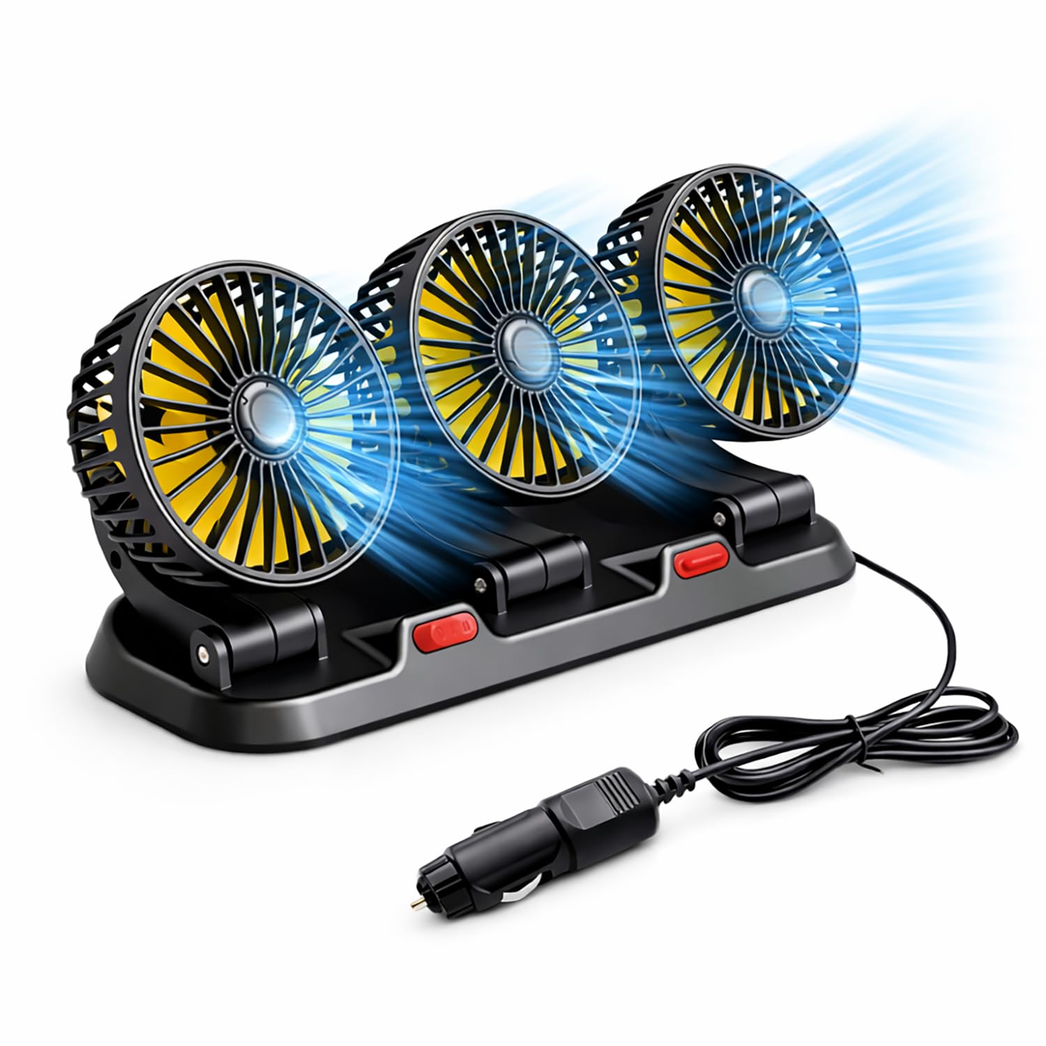TIENDA EURASIA – Ventilador de Coche 12V Triple Cabezal con Rotación 360° | 2 Velocidades | Conexión a Toma 12V (Encendedor) | Cable 1,4 m | Negro | 32x11x16 cm