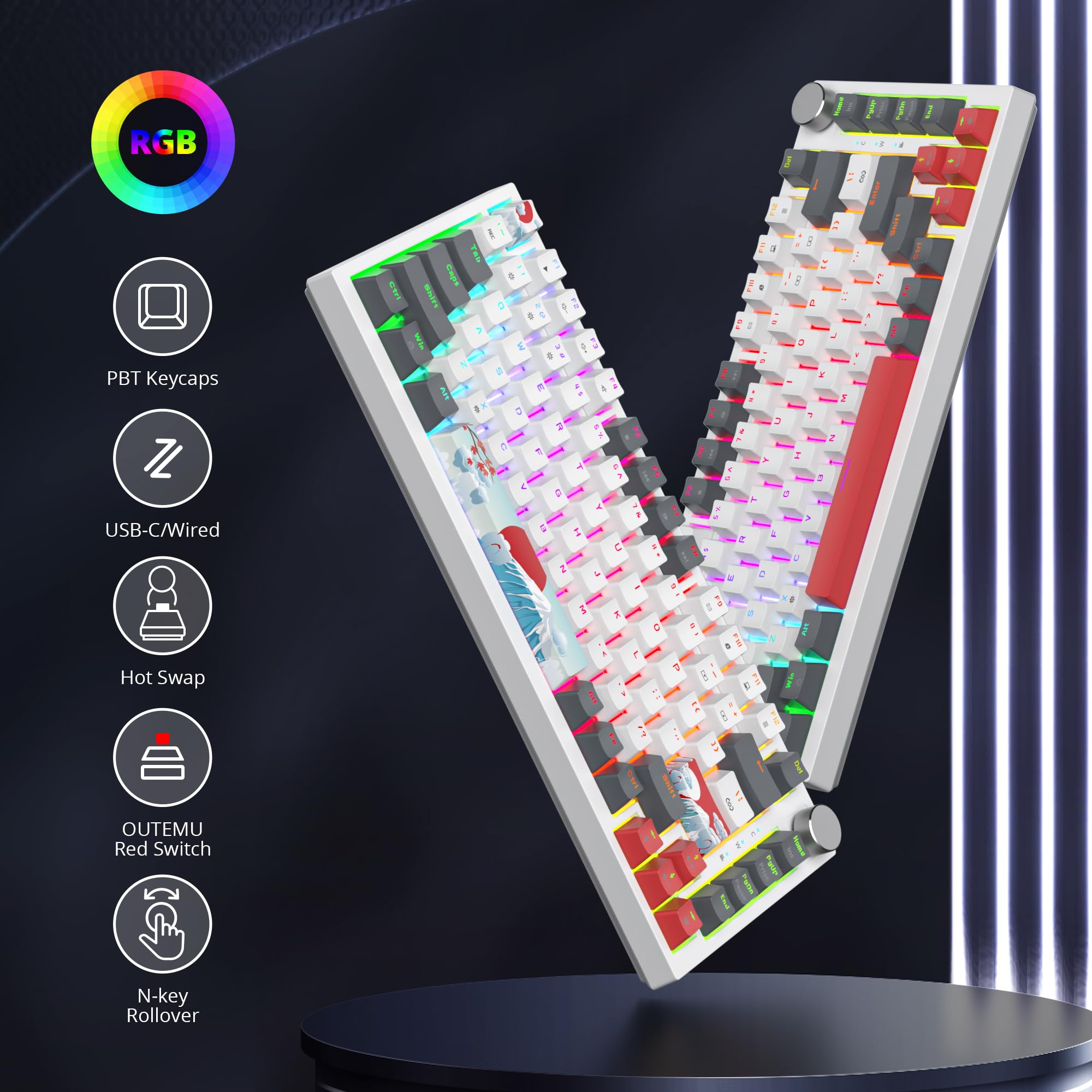 SOLIDEE Tastiera Meccanica Sostituibile a Caldo cablata al 75%,retroilluminazione RGB con interruttore rosso,TKL a 82 tasti,tastiera compatta NKRO con manopola di controllo del volume(82 Grey_White) - 5