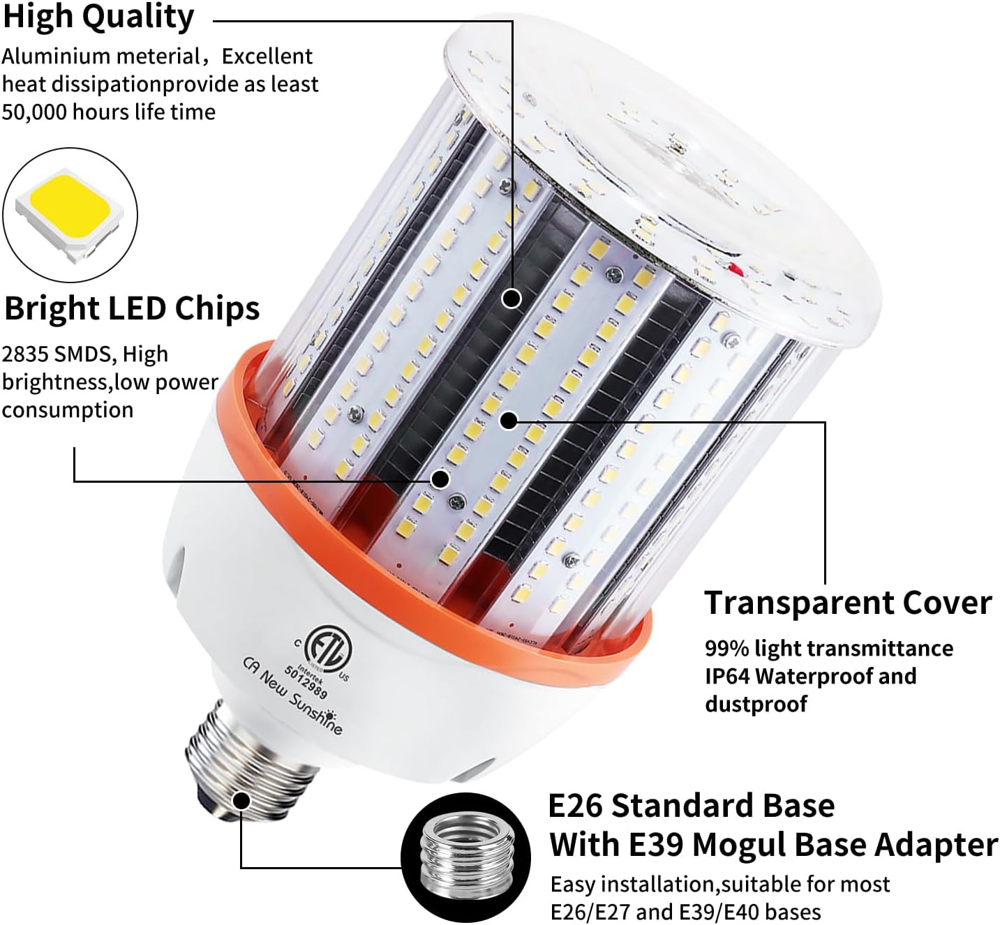 800W Equivalent Led Corn light bulbs , 12000 Lumen LED Corn Bulb 80W 5000K Daylight White Lamp,E26/E39 Medium Mogul Base,2-Pack Large Area Lights For Outdoor Indoor Warehouse Garage High Bay Lighting