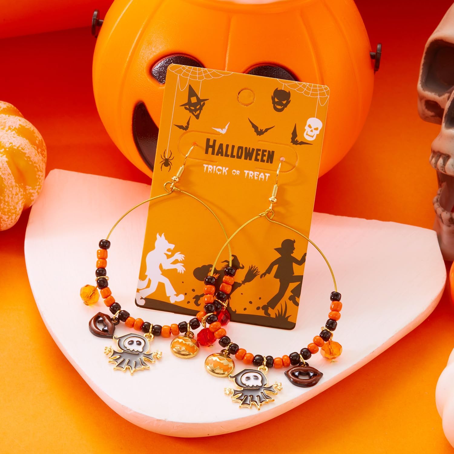 Halloween Ghost Earrings for Women Crystal Rice Bead Pumpkin Hoop Earrings Spider Bat Pumpkin Dangle Earring Halloween Jewelry Gifts Costume Accessories - Image 5