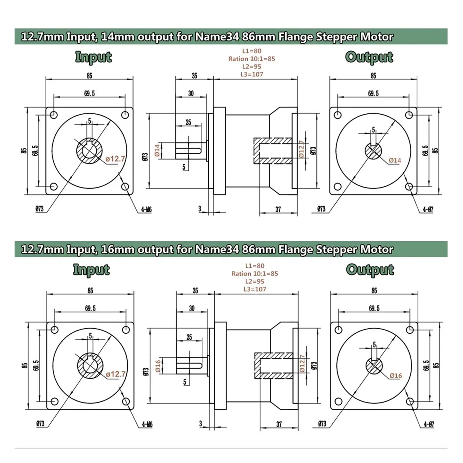 Planetengetriebe 86 mm Flansch 14/12,7 mm Eingang 16/14 mm Ausgangsverhältnis 3,5,10,15~216 bis 1 3000 U/min(14 Input 14 Output,Ratio 96 to 1)