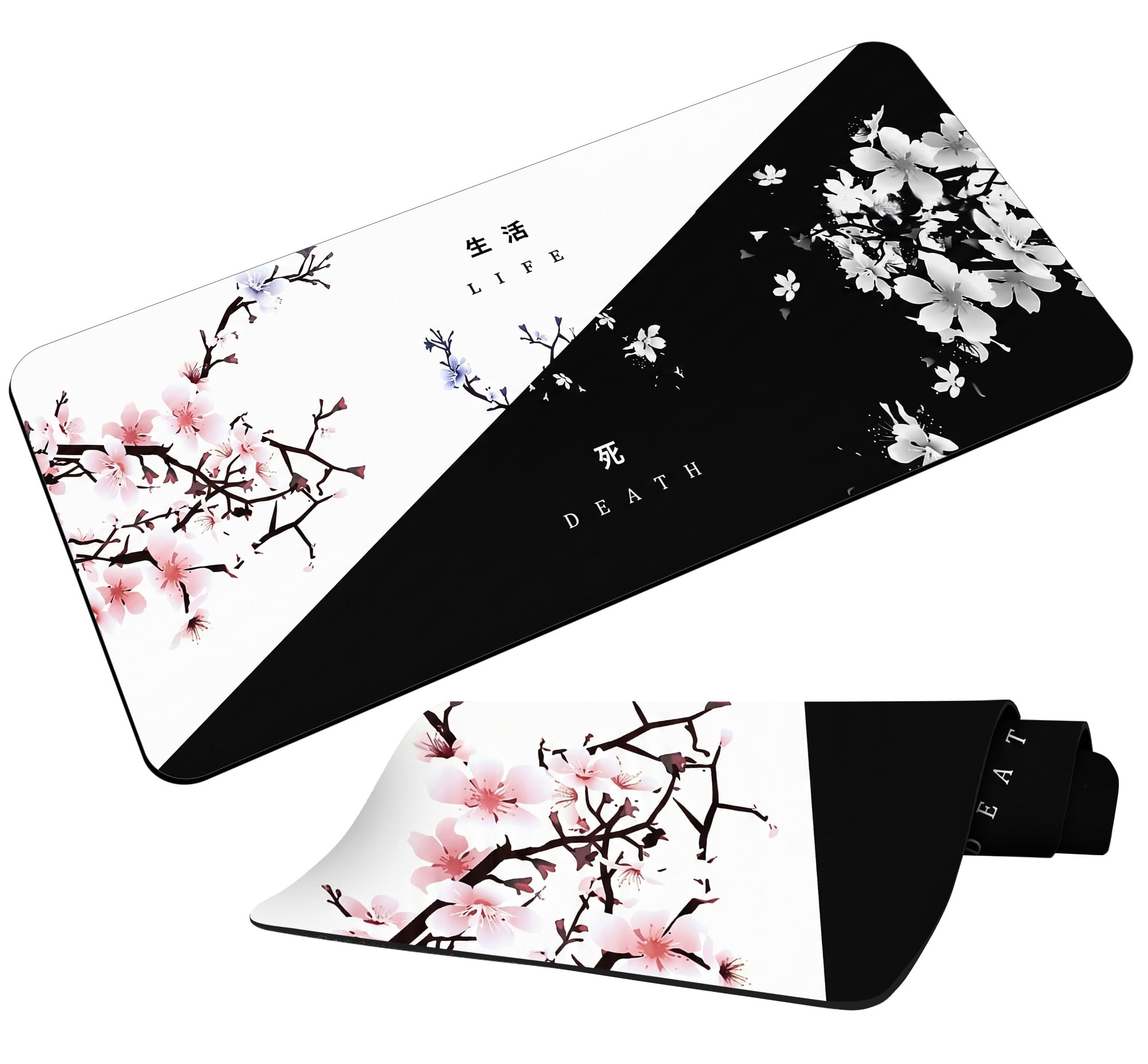 Black White Cherry Blossom Anime Gaming Mouse Pad XL, Desk Pad Large,Japanese Death Life Desk Mat Mouse Mat, 23.5x11.5 in Big Mousepad Mouse Mat with 3mm Non-Slip Base-image-14