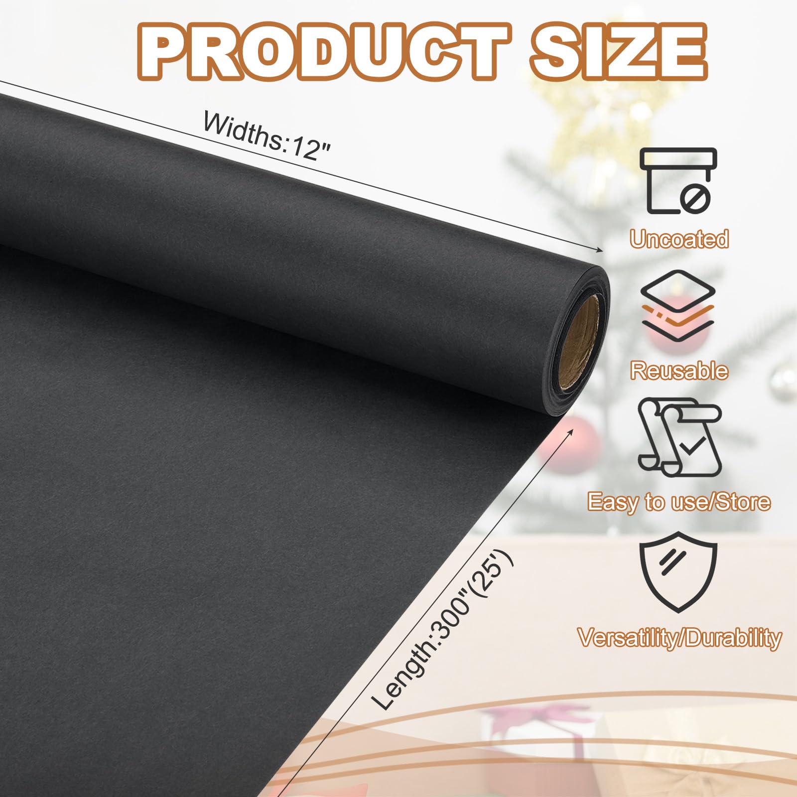 PATIKIL Wrapping Paper, 12" x 300"(25') 70 GSM Craft Paper Roll Kraft Packing Paper for Poster Bulletin Board Gift Wrapping, Black - Image 2