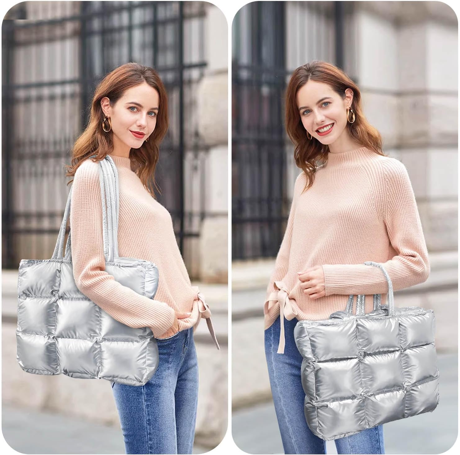 Puffer Tote Bag for Women, Quilted Puffy Handbag, Quilted Shoulder Bag Fluffy Satchel Purse for Work Travel Shopping - Image 6