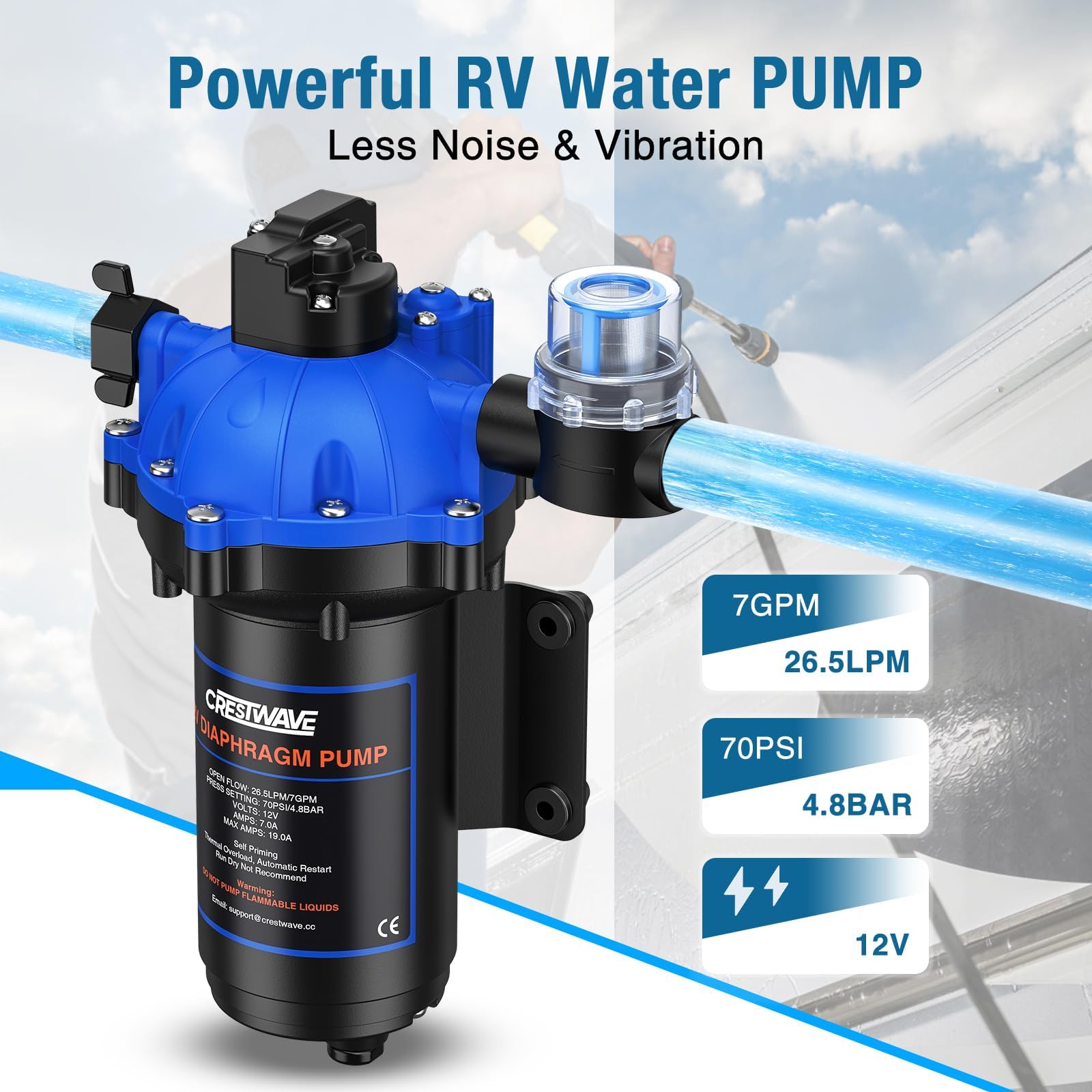 CrestWave Zestaw pompy myjącej 12 V DC, 7 GPM 70 PSI do łodzi z dyszą natryskową, 5-komorowa samozasysająca membranowa pompa wodna z przełącznikiem ciśnieniowym i sitkiem do łodzi, kamperów, morskich