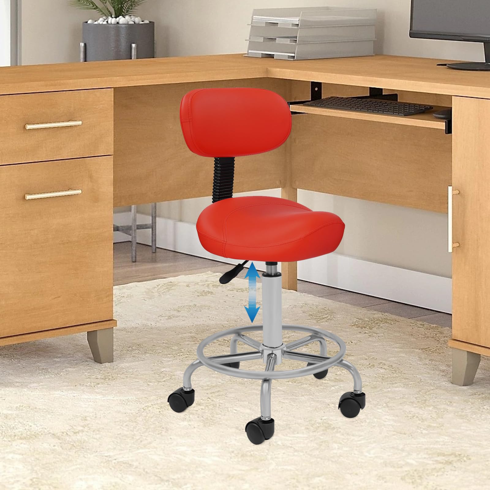 Sgabello da sella ergonomico, con ruote, schienale regolabile in altezza, girevole a 360°, portata massima: 150 kg (rosso)
