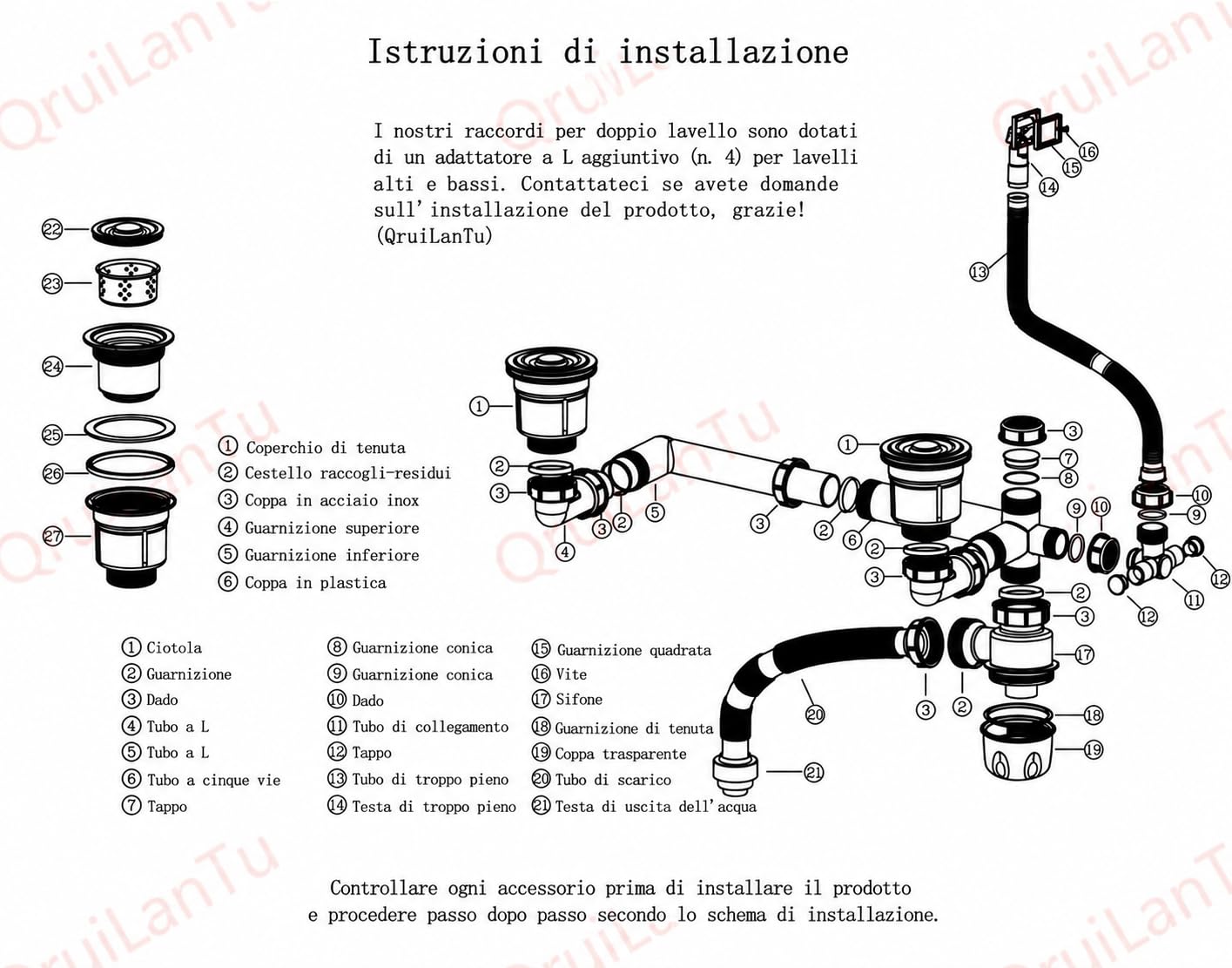 Set di scarico per doppio lavello - Set di scarico per lavello da cucina salvaspazio - Sifone flessibile estensibile 114mm - Set di montaggio per scarico lavello con adattatore di