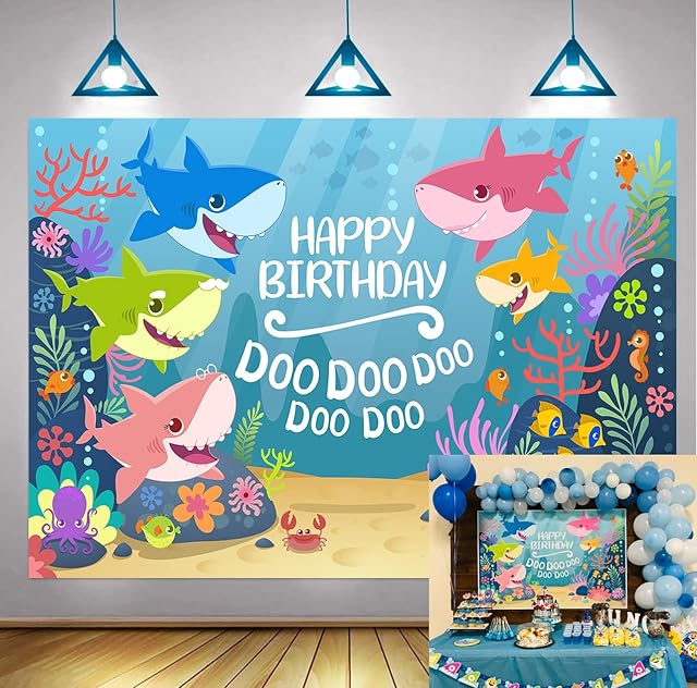 Cute Shark Birthday Backdrop Blue Ocean Cartoon Shark Baby Photography Background Baby Shower Newborn Boy Girl Birthday Party Decoration Photo Props (7X5FT 210cmx150cm)