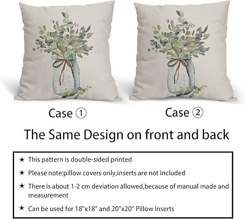 Miniatura 5 de aportt Juego de 2 fundas de almohada de hojas de eucalipto verdes de 18 x 18 pulgadas, para primavera y verano, para sofá, estilo granja, acuarela,