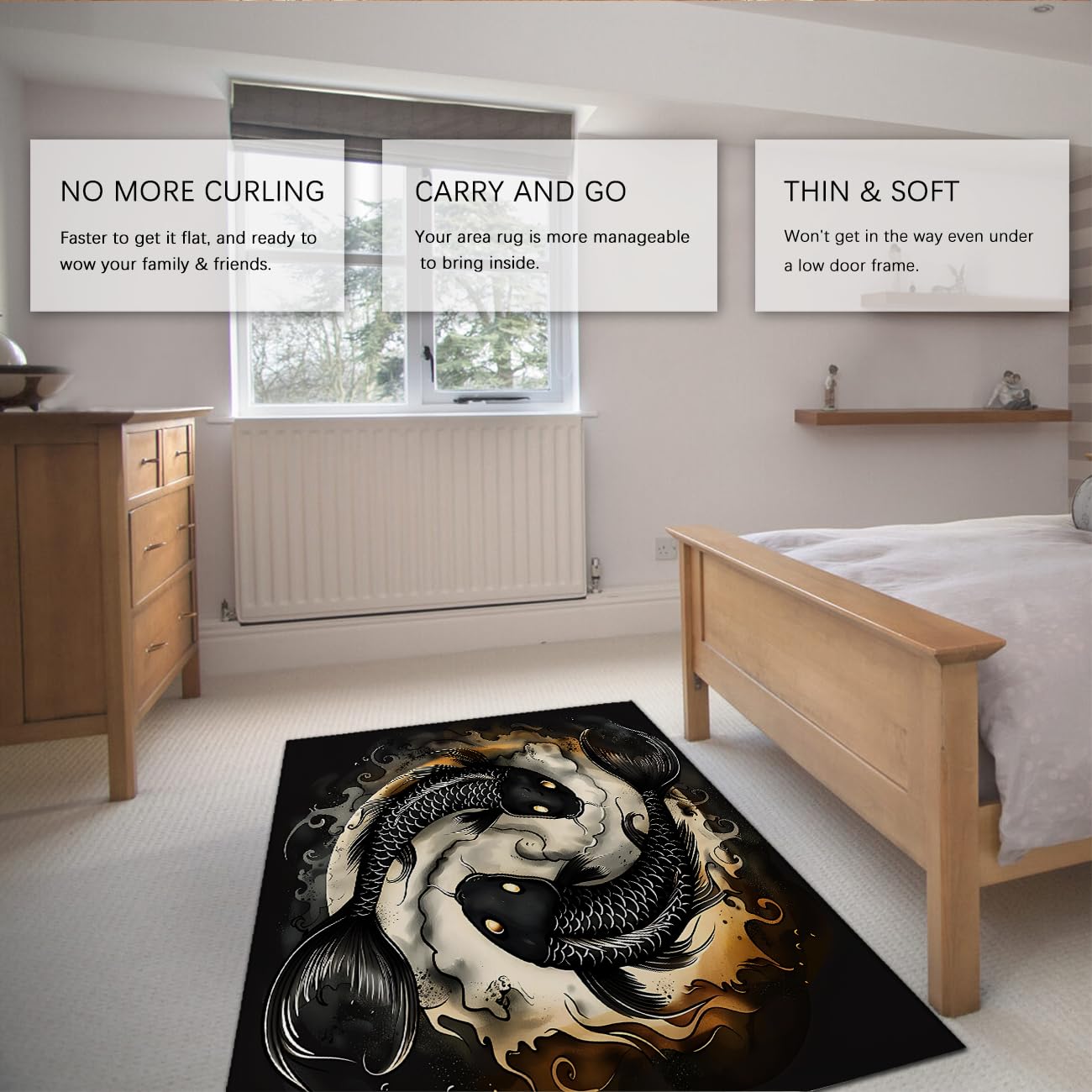 Zmywalne dywaniki 80 x 150 cm kosmiczne czarne złoto Yin Yang Koi ryba z niskim włosiem Wewnętrzna wykładzina Japoński styl Ukiyo-e antypoślizgowy dywan do salonu sypialni biura