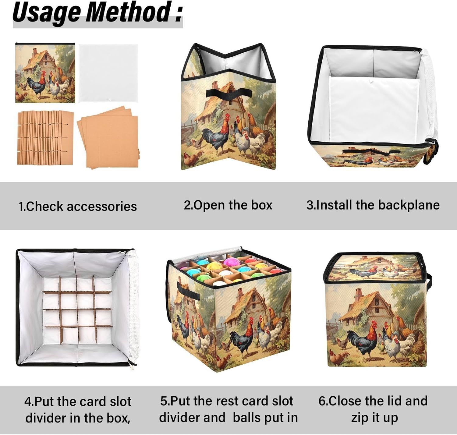 Farm Chickens 13 Inch Christmas Ornament Storage Box with Lid - Holiday Decor Storage Containers, Stores 64 Ornaments, 3 Inch Cube Compartments