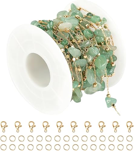 KYUNHOO Encantadora cadena de joyería de piedras preciosas crudas verdes para hacer joyas de 16.4 ft chapado en oro de latón cadenas de collar de