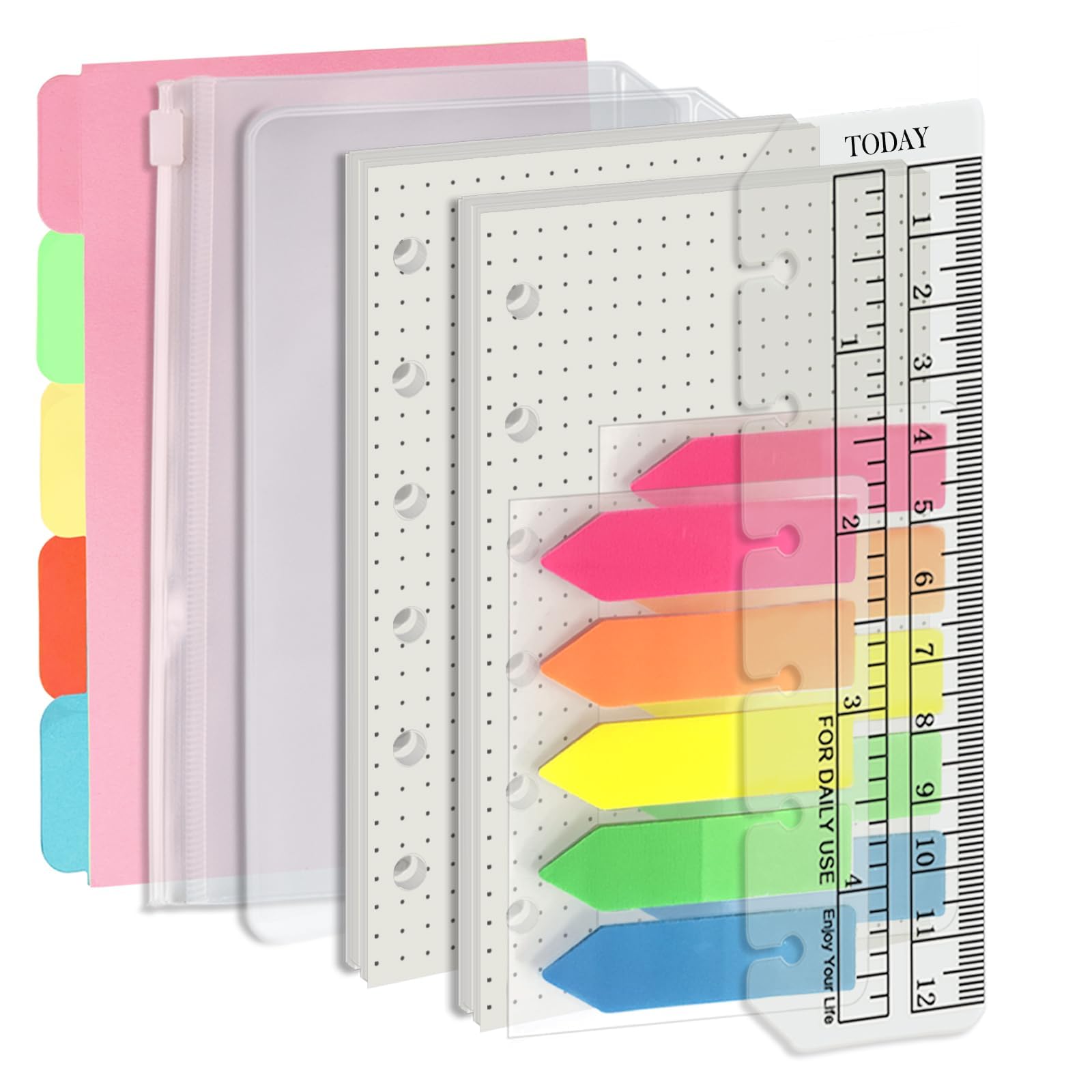 Harphia A7 Dotted Pocket Refills 6 Holes Binder Refill Value Set, 90 Sheets Loose Leaf Paper with Stickers and dividers
