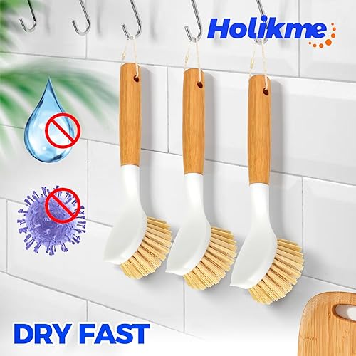 Vista 11 de Holikme Juego de 3 cepillos para platos con mango de bambú, cepillos de cocina para limpiar ollas, fregadero y estufa, limpiador de sartén