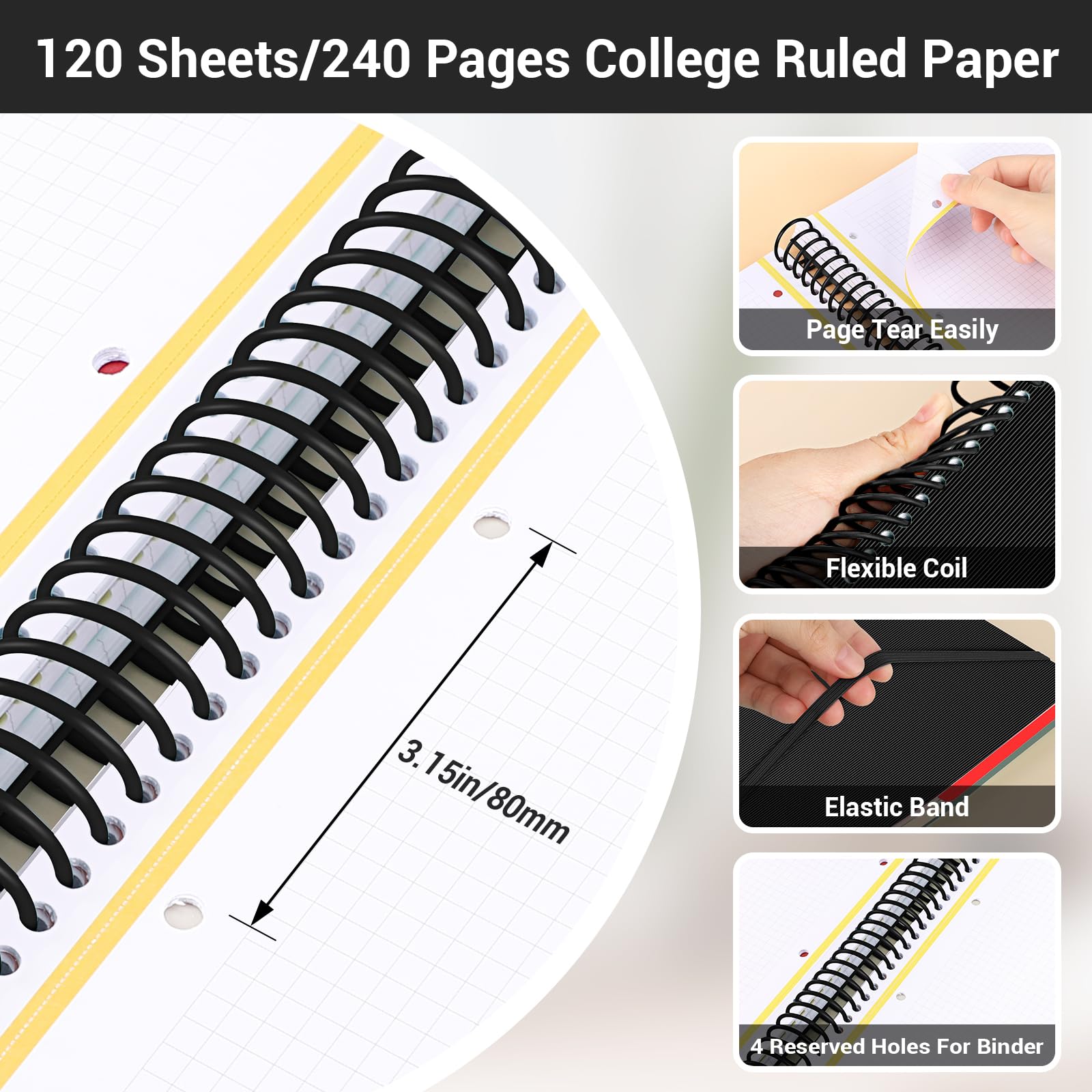 EUSOAR Cahiers à spirale quadrillés, format A4, 23,5 x 29,7 cm, grand carnet de notes à 3 sujets, carnet de composition à papier quadrillé, 240 pages avec poche pour étudiants en mathématiques