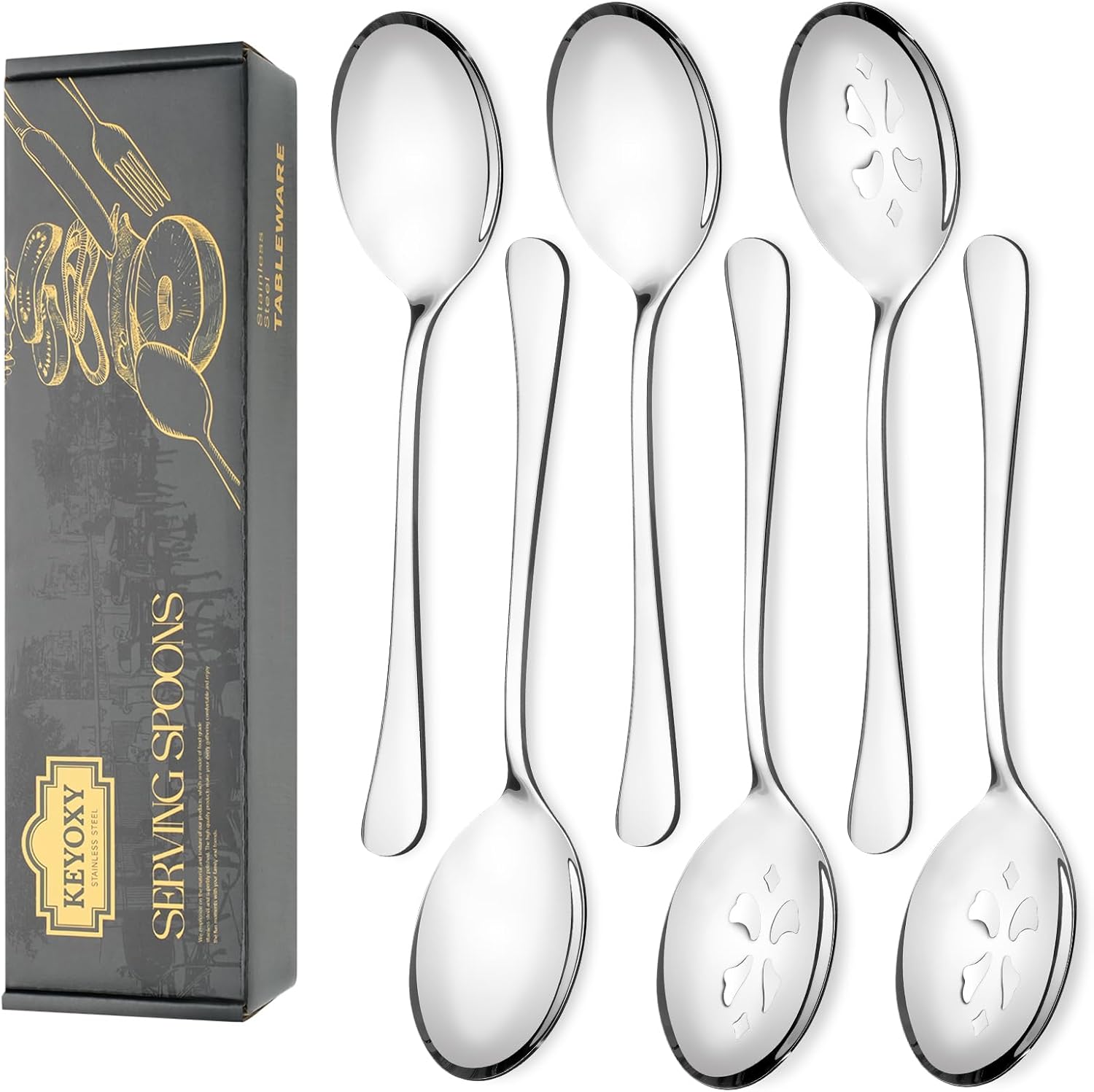 KEYOXY 6-Piece Stainless Steel Serving Spoon Set, 3 Solid & 3 Slotted 10-Inch, Dishwasher Safe for Buffets, Parties, Catering