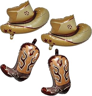 4 Pcs Western Themed Party Balloons,Brown Cowboy Hat And Boot Aluminum Foil Balloons for Western Themed Birthday Party Decorations Last Rodeo Bachelorette Party Supplies (Brown)