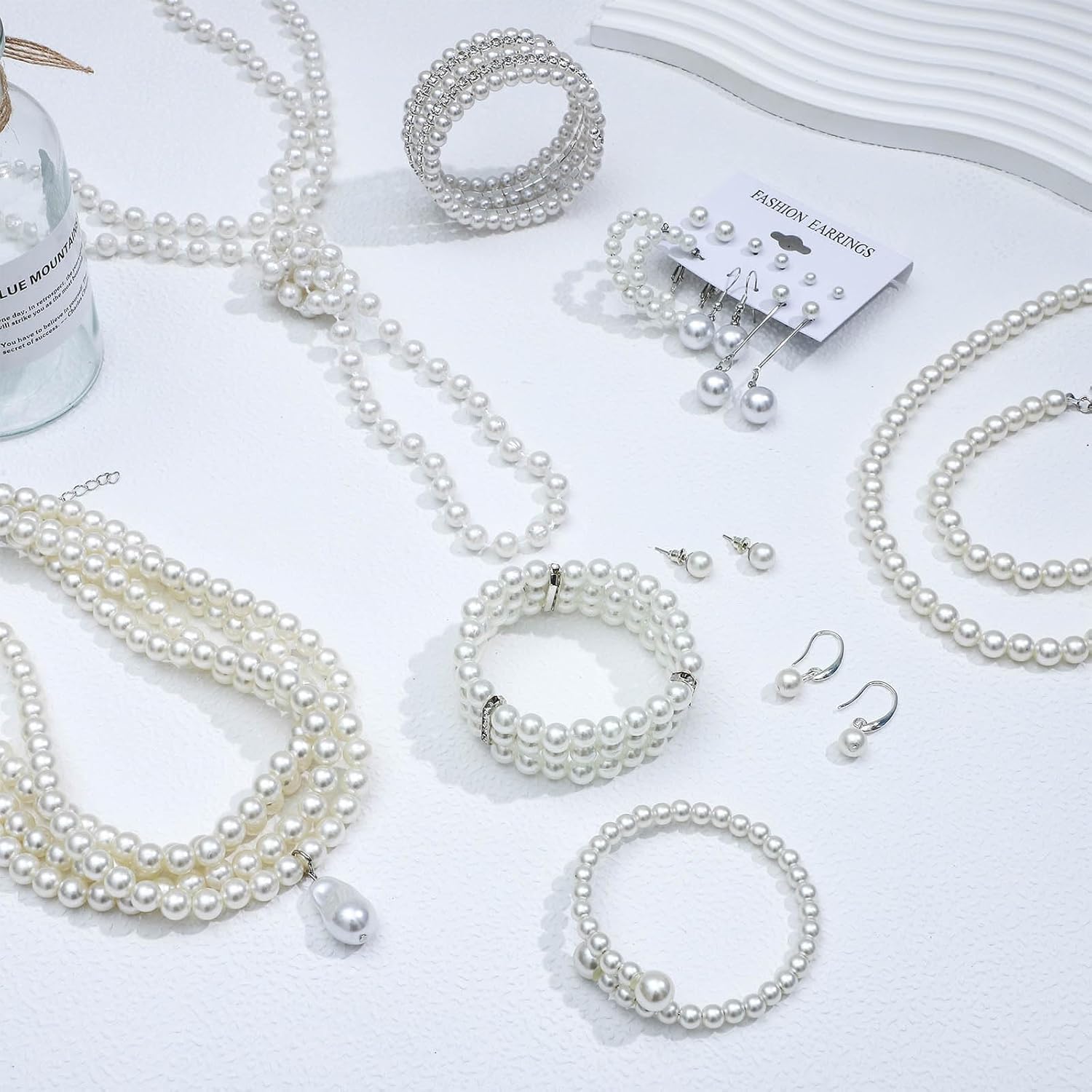 NEWITIN 23 Pieces Pearl Jewelry Set for Women Prom Costume Jewels Faux Pearl Necklace Bracelet Earrings Bridal Wedding Jewelry Set for Women Bride - Image 3