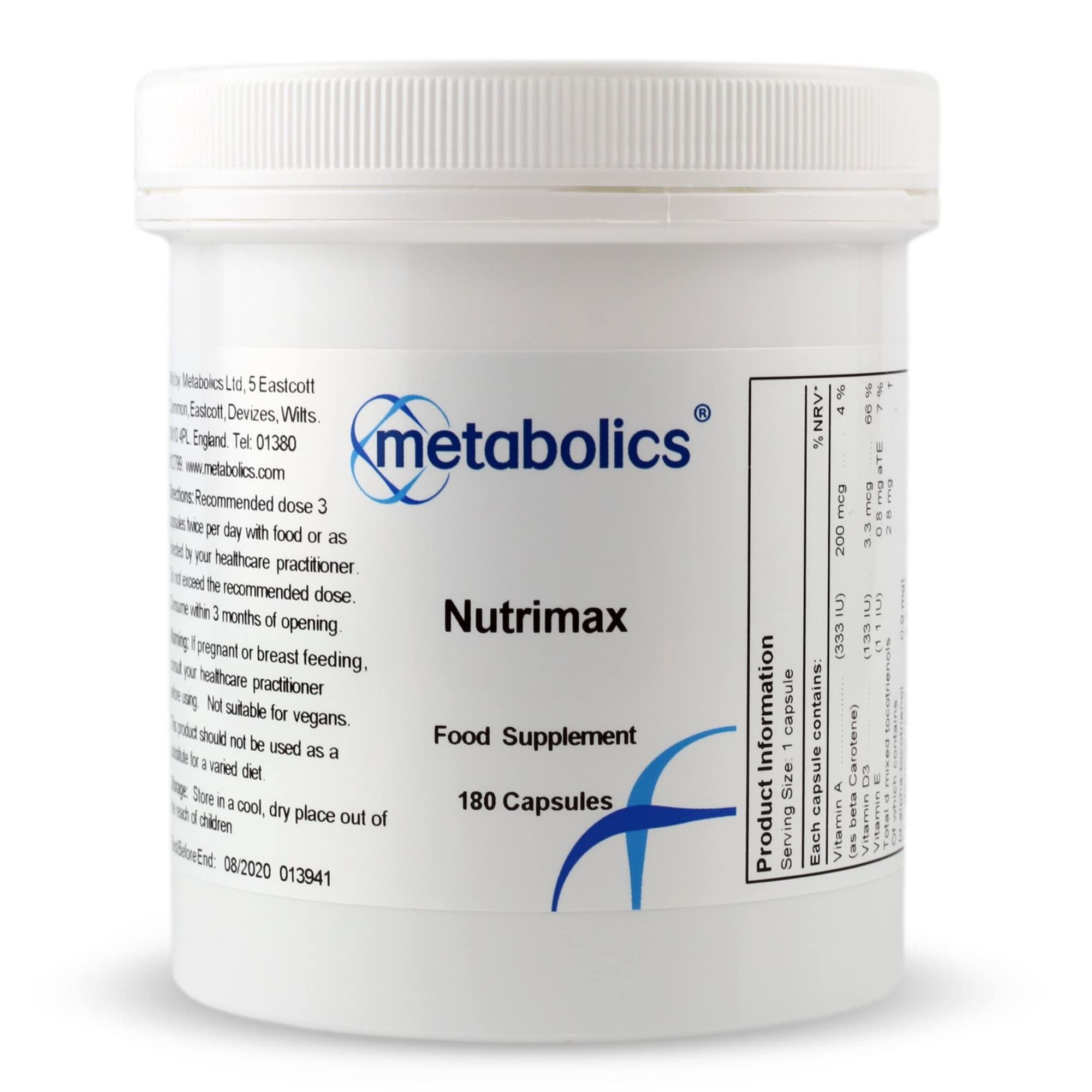 Metabolics Nutrimax (Pot of 180 Capsules) | Multivitamin & Mineral Complex with 25+ Ingredients | Nothing Added & Made in The UK