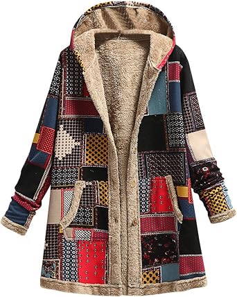 Uillui Women 2026 Winter Coat Vintage Boho Ethnic Coat Warm Fleece Patchwork Sherpa Jacket Button Up Hooded Coat with Pocket