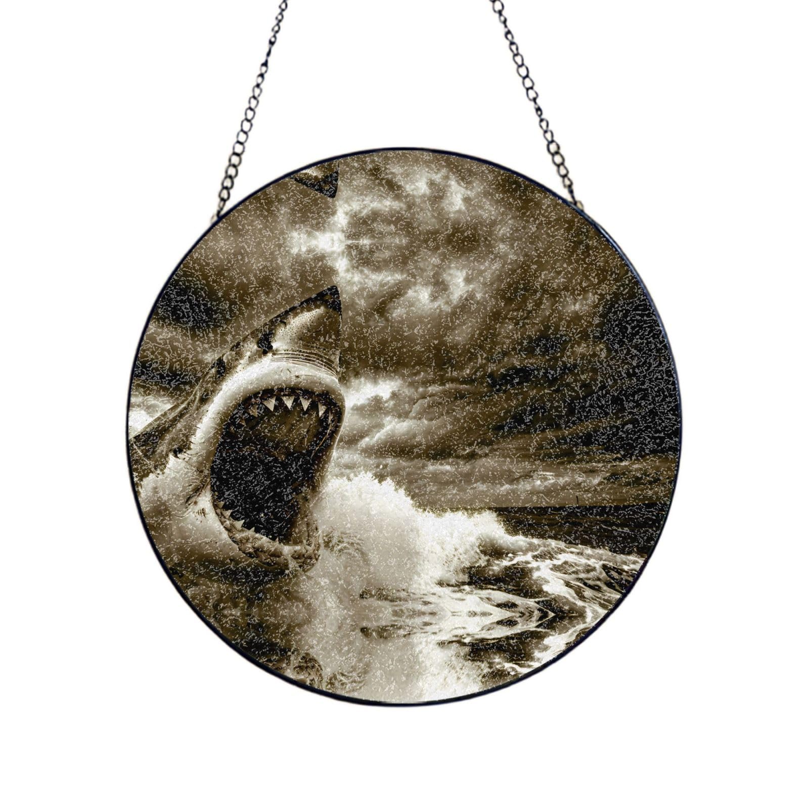 Phayah Shark In The Sea Print Stained Glass Window Hanging Suncatcher For Door Terrace Garden Home Decor Sun Catcher Birthday Gifts For Lovers Dad Mom 10in（25cm）