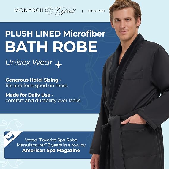 MONARCH Unisex Plush Lined Microfiber Bath Robe | Soft Shell with Polyester Lining, Resort-Grade Hotel & Spa Robe with Pocket