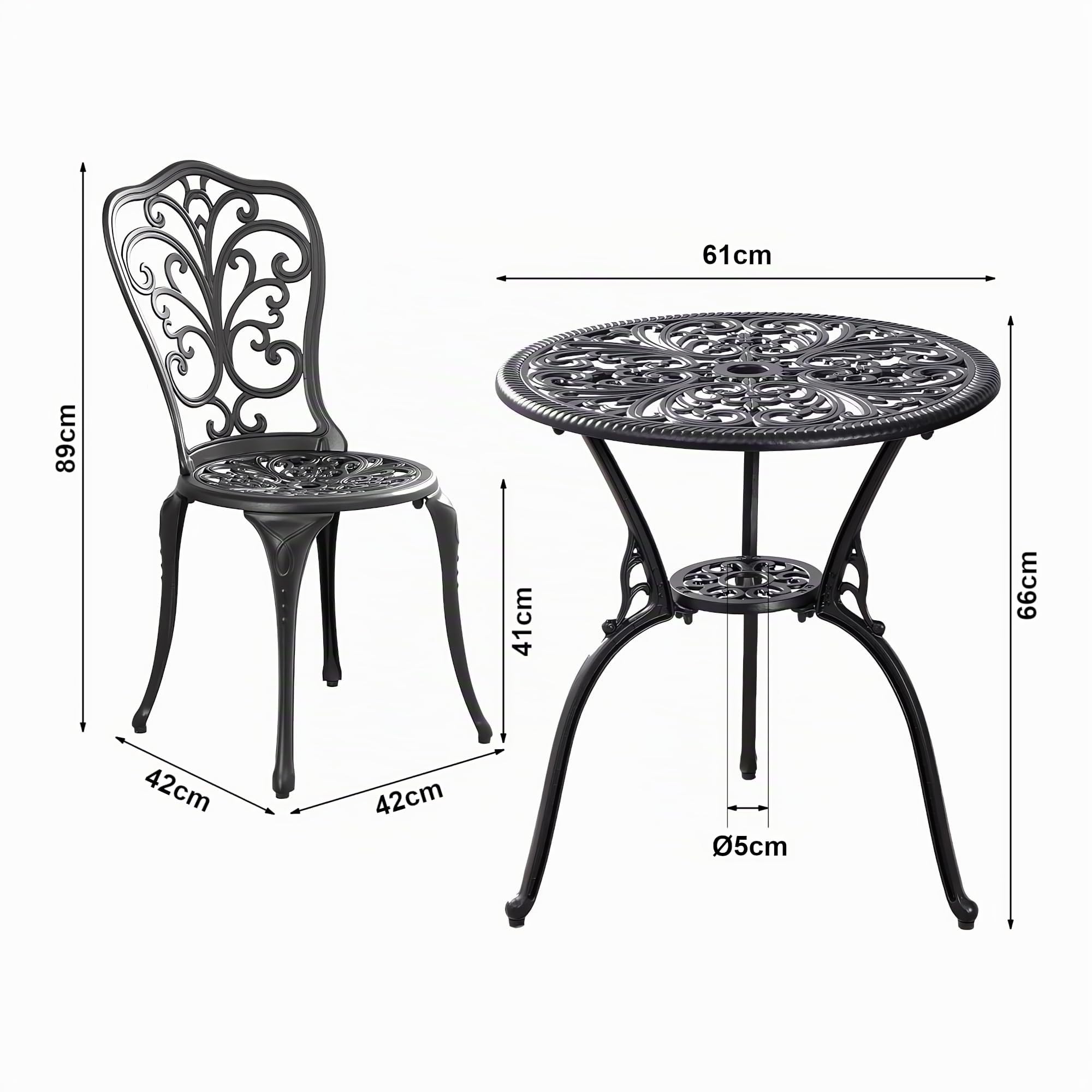 casa.pro Juego de Bistró de 3 Piezas Lupsam Set de 1 Mesa con Abertura para Sombrilla y 2 Sillas Conjunto de Muebles de Exterior Terraza Jardín Patio Balcón Aluminio - Gris Oscuro con pátina Verde