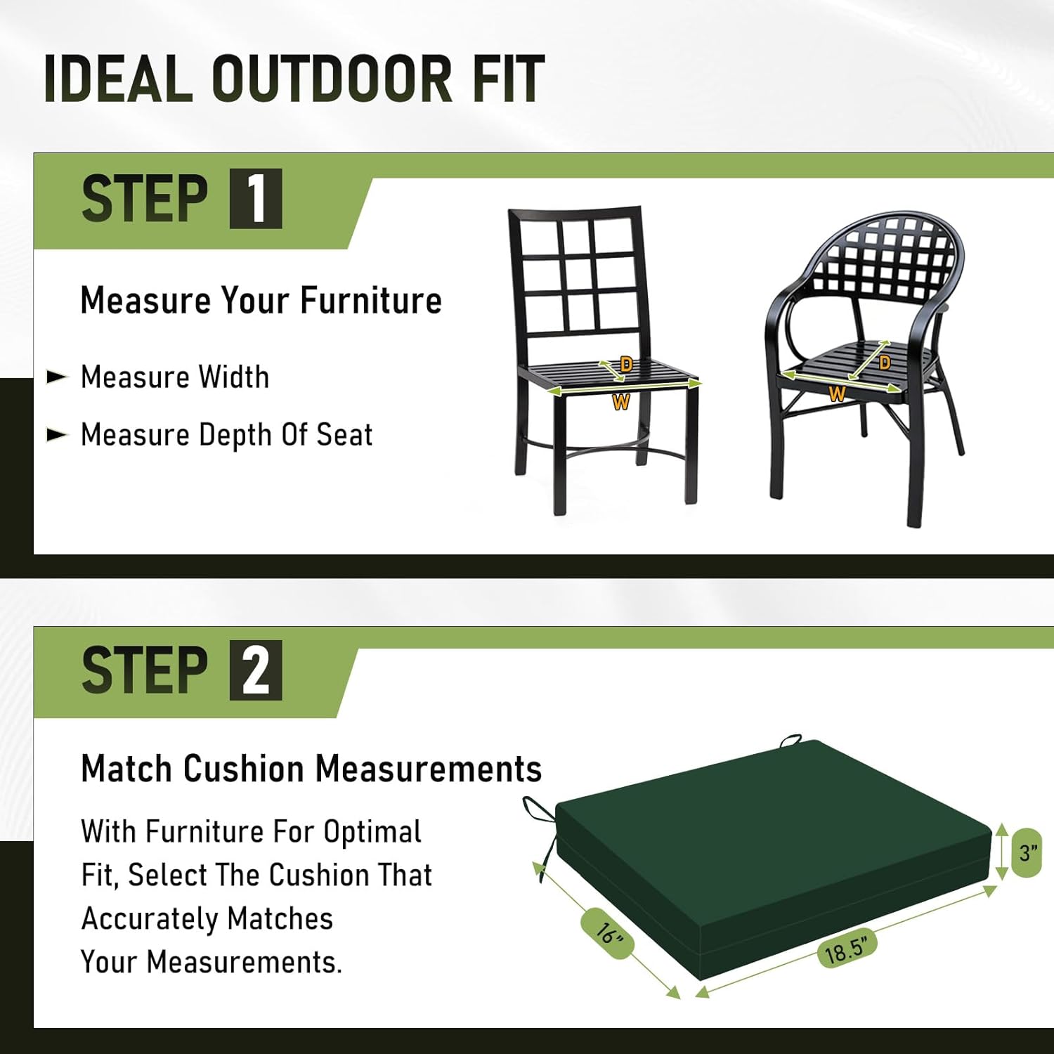 Basic Beyond Outdoor Chair Cushions Set of 2, Square Corner Outdoor Cushions for Patio Furniture, Water Resistant Patio Chair Cushions with 2 Ties, 18.5x16x3, Forest Green