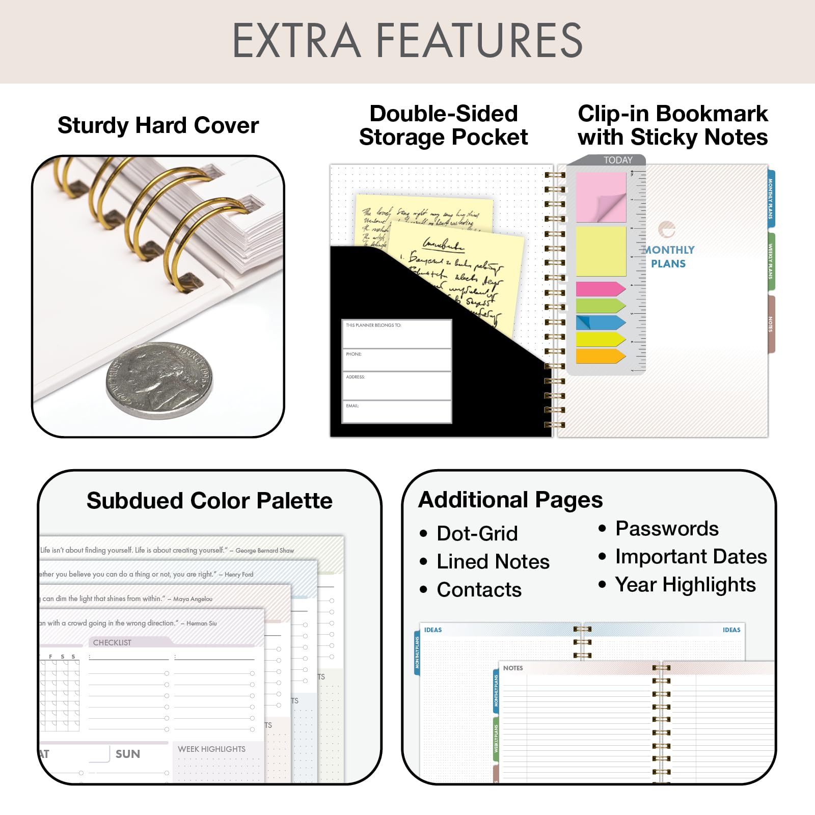 DELUXE ESSENTIAL PRO - Agenda diaria, semanal y mensual sin fecha, pestañas mensuales, seguimiento diario, páginas de notas, bolsillo de almacenamiento, marcapáginas con notas adhesivas (negro)