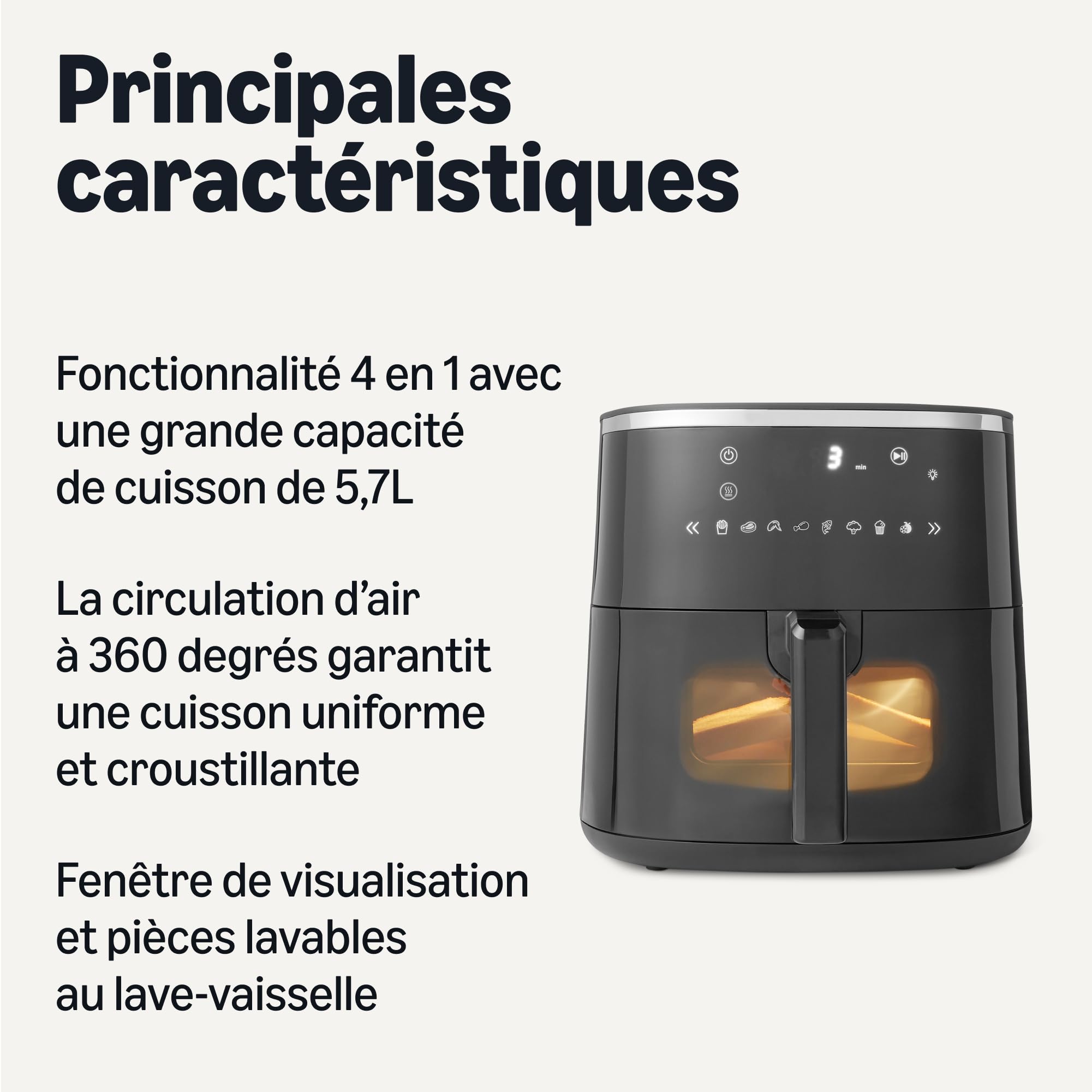 Amazon Basics Friteuse à Air de 5,7L avec Fenêtre de Cuisson Pratique, 8 Programmes, 1 750W, Noire